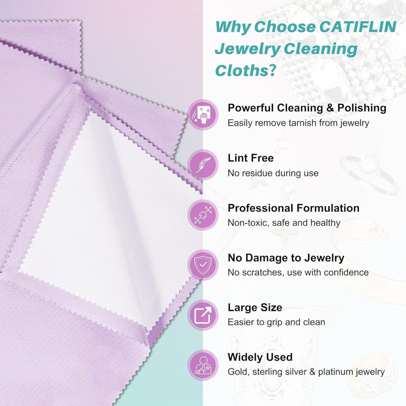 CATIFLIN 3PCS Purple Silver Polishing Cloths, 10"x12" Jewelry Cleaning Cloths for Gold, Silver, Platinum, Watch, Coin, Tarnish Remover, Reusable & Streak-Free, Gift for Jewelry Lovers - Image 2