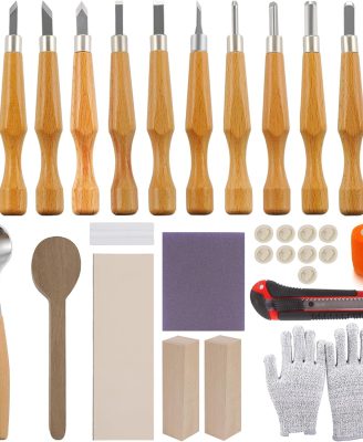 MAXMAN Wood Whittling Kit, 33 PCS Beginner - Friendly Wood Carving Set with Basswood Blocks for DIY Making Spoon, Cup, Bowl