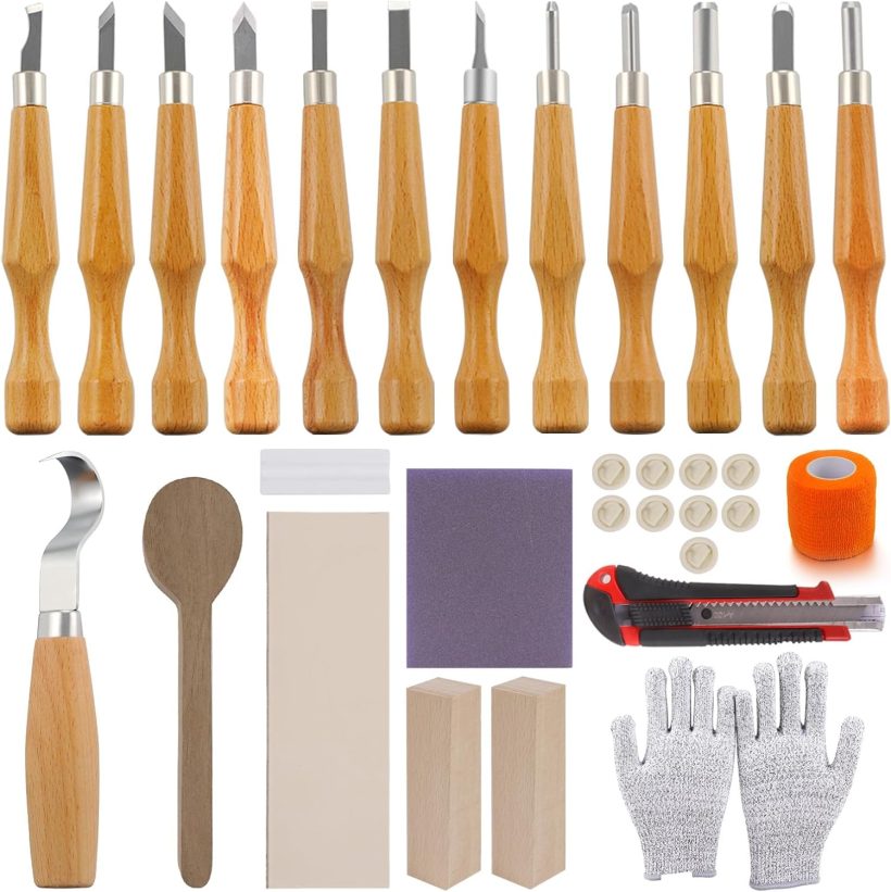 MAXMAN Wood Whittling Kit, 33 PCS Beginner - Friendly Wood Carving Set with Basswood Blocks for DIY Making Spoon, Cup, Bowl
