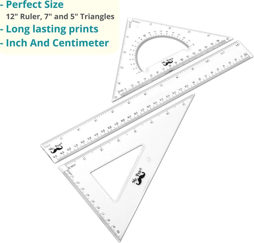 Mr. Pen Triangle Ruler, Protractor, Math Set - 3 Pack, Square Ruler, Protractor for School Geometry - Image 2
