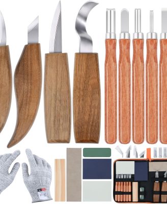 Ninonly 17Pcs Wood Carving Tools Kit - Beginner's Wood Whittling Set with 6Pcs Carbon Steel Knife, Gloves, Knife Sharpener for Spoon, Bowl, Kuksa Cup