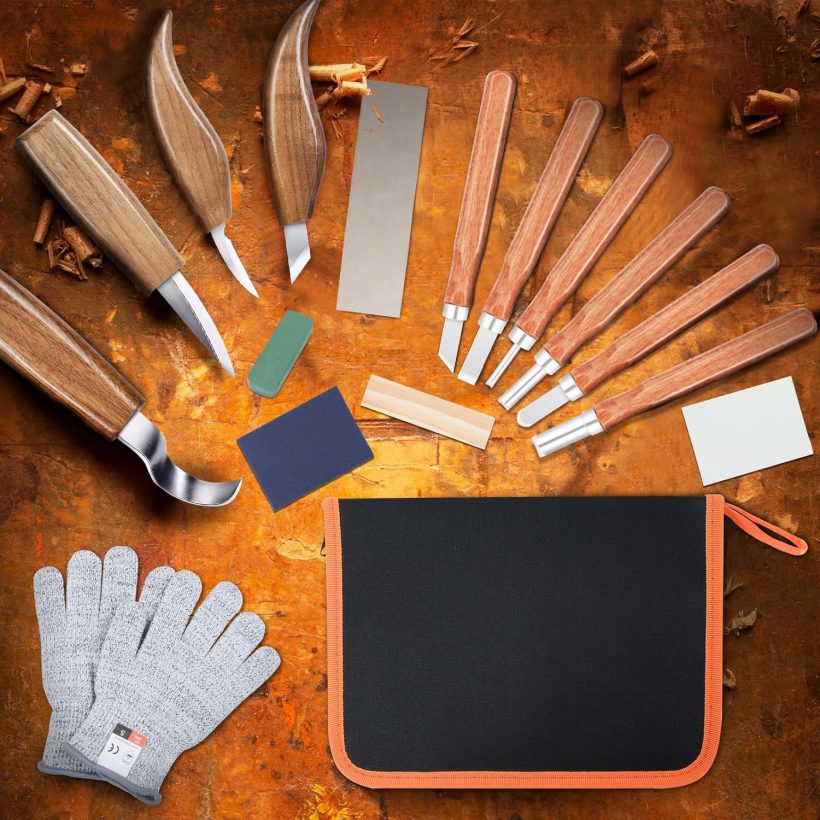 Ninonly 17Pcs Wood Carving Tools Kit - Beginner's Wood Whittling Set with 6Pcs Carbon Steel Knife, Gloves, Knife Sharpener for Spoon, Bowl, Kuksa Cup - Image 2