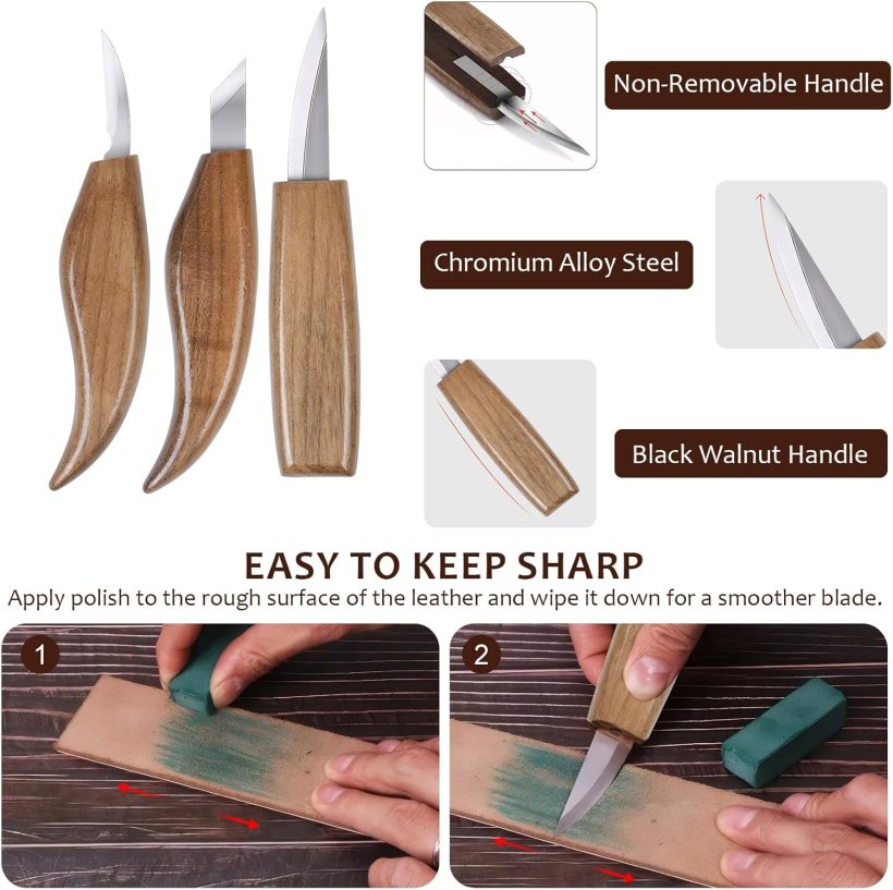 Ninonly 17Pcs Wood Carving Tools Kit - Beginner's Wood Whittling Set with 6Pcs Carbon Steel Knife, Gloves, Knife Sharpener for Spoon, Bowl, Kuksa Cup - Image 4